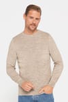 Slim Fit Bisiklet Yaka Kendinden Desenli Bej Erkek Triko Kazak