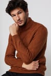 Slim Fit Dar Kesim Tam Balıkçı Yaka Desenli Kahverengi Erkek Triko Triko Kazak