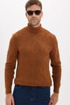 Slim Fit Dar Kesim Tam Balıkçı Yaka Desenli Kahverengi Erkek Triko Kazak