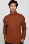Slim Fit Dar Kesim Tam Balıkçı Yaka Desenli Kahverengi Erkek Triko Triko Kazak