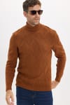 Slim Fit Dar Kesim Tam Balıkçı Yaka Desenli Kahverengi Erkek Triko Kazak