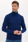 Slim Fit Dar Kesim Tam Balıkçı Yaka Desenli Sax Mavi Erkek Triko Kazak