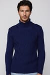 Slim Fit Dar Kesim Tam Balıkçı Yaka Desenli Sax Mavi Erkek Triko Kazak