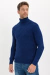 Slim Fit Dar Kesim Tam Balıkçı Yaka Desenli Sax Mavi Erkek Triko Kazak