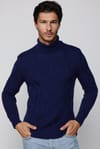 Slim Fit Dar Kesim Tam Balıkçı Yaka Desenli Sax Mavi Erkek Triko Kazak