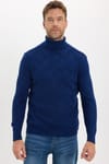 Slim Fit Dar Kesim Tam Balıkçı Yaka Desenli Sax Mavi Erkek Triko Kazak