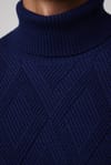 Slim Fit Dar Kesim Tam Balıkçı Yaka Desenli Sax Mavi Erkek Triko Kazak