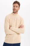 Slim Fit Dar Kesim Tam Balıkçı Yaka Desenli Bej Erkek Triko Kazak