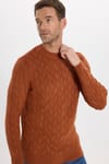 Slim Fit Bisiklet Yaka Desenli Tarçın Erkek Triko Kazak