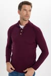 Erkek Slim Fit Dar Kesim Dik Yaka Düğmeli Bordo Triko Kazak