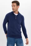 Erkek Slim Fit Dar Kesim Dik Yaka Düğmeli Lacivert Triko Kazak