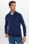 Erkek Slim Fit Dar Kesim Dik Yaka Düğmeli Lacivert Triko Kazak
