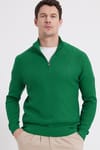 Erkek Slim Fit Dar Kesim Dik Yaka Fermuarlı Yeşil Kazak