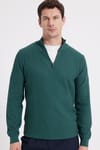 Slim Fit Dar Kesim Dik Yaka Fermuarlı Desenli Yeşil Erkek Triko Kazak