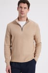 Slim Fit Dar Kesim Dik Yaka Fermuarlı Desenli Bej Erkek Triko Kazak