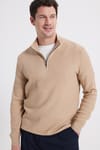 Slim Fit Dar Kesim Dik Yaka Fermuarlı Desenli Bej Erkek Triko Kazak