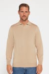 Slim Fit Dar Kesim Polo V Yaka Erkek Taş Triko Kazak