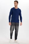 Erkek Slim Fit Dar Kesim Pamuklu Desenli Yumuşak Dokulu Saks Mavi Bisiklet Yaka Kazak