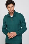 Erkek Slim Fit Dar Kesim Yumuşak Dokulu Desenli Dik Yaka Düğmeli Triko Yeşil Kazak
