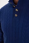 Erkek Slim Fit Dar Kesim Yumuşak Dokulu Desenli Dik Yaka Düğmeli Triko Saks Mavi Kazak