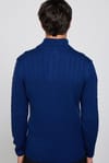 Erkek Slim Fit Dar Kesim Yumuşak Dokulu Desenli Dik Yaka Düğmeli Triko Saks Mavi Kazak