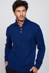 Erkek Slim Fit Dar Kesim Yumuşak Dokulu Desenli Dik Yaka Düğmeli Triko Saks Mavi Kazak