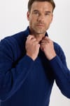Erkek Slim Fit Dar Kesim Yumuşak Dokulu Desenli Dik Yaka Düğmeli Triko Saks Mavi Kazak