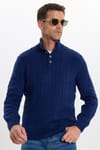 Erkek Slim Fit Dar Kesim Yumuşak Dokulu Desenli Dik Yaka Düğmeli Triko Saks Mavi Kazak