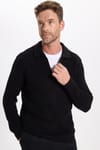 Erkek Slim Fit Dar Kesim Polo Yaka Siyah Kazak