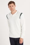 Erkek Slim Fit Dar Kesim Uzun Kol Polo Yaka Çizgili Beyaz Kazak