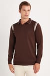 Erkek Slim Fit Dar Kesim Uzun Kol Polo Yaka Çizgili Kahverengi Kazak