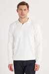 Erkek Slim Fit Dar Kesim Uzun Kol Polo Yaka Çizgili Beyaz Kazak