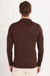 Erkek Slim Fit Dar Kesim Uzun Kol Polo Yaka Çizgili Kahverengi Kazak