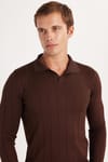 Erkek Slim Fit Dar Kesim Uzun Kol Polo Yaka Çizgili Kahverengi Kazak