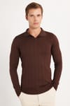 Erkek Slim Fit Dar Kesim Uzun Kol Polo Yaka Çizgili Kahverengi Kazak