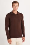 Erkek Slim Fit Dar Kesim Uzun Kol Polo Yaka Çizgili Kahverengi Kazak