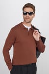 Erkek Standart Fit Normal Kesim Pamuklu Polo Yaka Kahverengi Kazak