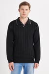 Erkek Slim Fit Dar Kesim Çizgi Detaylı Siyah Polo Yaka Kazak