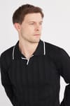 Erkek Slim Fit Dar Kesim Çizgi Detaylı Siyah Polo Yaka Kazak