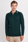 Erkek Slim Fit Dar Kesim Çizgi Detaylı Yeşil Polo Yaka Kazak