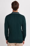 Erkek Slim Fit Dar Kesim Çizgi Detaylı Yeşil Polo Yaka Kazak