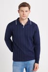 Erkek Slim Fit Dar Kesim Çizgi Detaylı Lacivert Polo Yaka Kazak