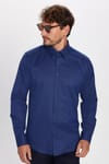 Erkek Modern Fit Dar Kesim Pamuklu Kolay Ütü Armürlü Lacivert Gömlek 