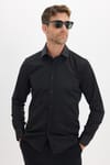 Erkek Modern Slim Fit Düz Saten Pamuklu Siyah Gömlek