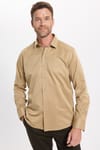 Erkek Modern Slim Fit Düz Saten Pamuklu Krem Gri Gömlek