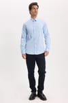 Erkek Modern Slim Fit Uzun Kollu %100 Pamuk Premium Seri Saten Mavi Gömlek