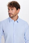 Modern Slim Fit Uzun Kollu Pamuklu Kolay Ütü Armürlü Erkek Mavi Gömlek