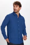 Modern Slim Fit Uzun Kollu Pamuklu Kolay Ütü Armürlü Erkek Sax Mavi Gömlek
