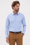 Erkek Modern Fit Dar Kesim Pamuklu Uzun Kollu Kravatlık Armürlü Mavi Gömlek