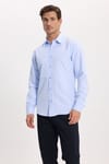 Modern Slim Fit Uzun Kollu Pamuklu Kolay Ütü Armürlü Erkek Mavi Gömlek
